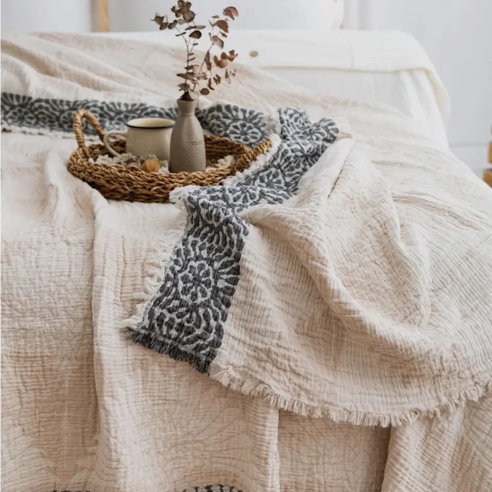 Modern Birds in Flight Cranes Woven Organic Cotton 2 Sides FLiPSiDE Tan + Cream